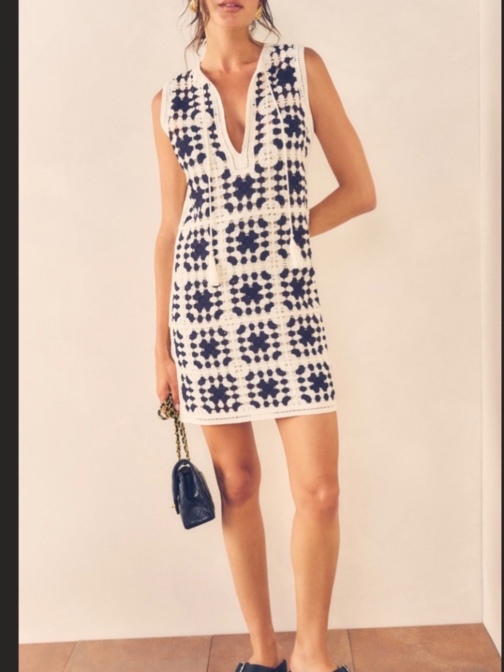 FRAME crochet and tassel navy and white dress XS